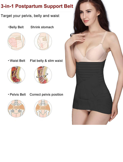 3 in 1 Postpartum Belly Band Support Recovery wrap Belly/Waist/Pelvis Belts Girdles for Women Waist Trainer Shapewear (Black)